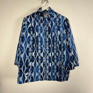 Zenergy By Chico's Womens Blue Ikat Zip Front Jacket Size 3 Stretch 3/4 Sleeve